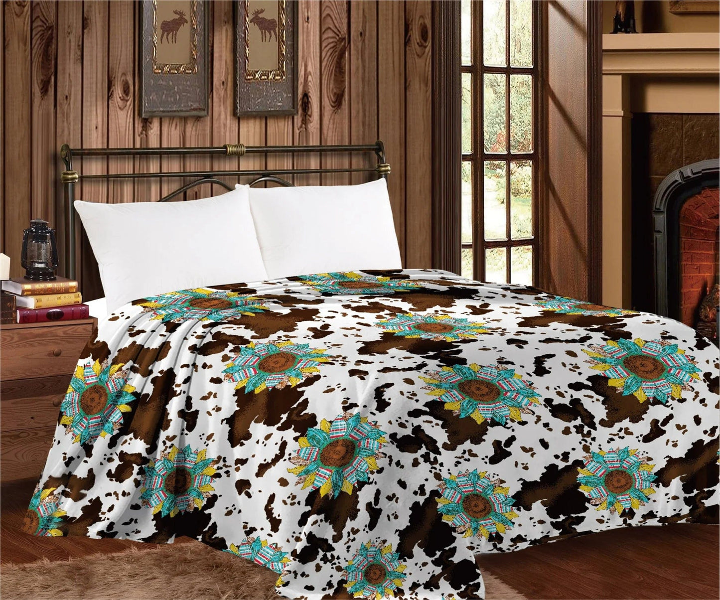 Super Soft Flannel Fleece Blanket – Queen Size, Western Sunflower Cowhide Design
