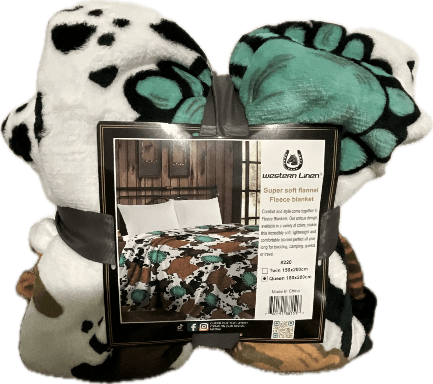 Super Soft Flannel Fleece Blanket – Queen Size, Turquoise Floral Cowhide Design